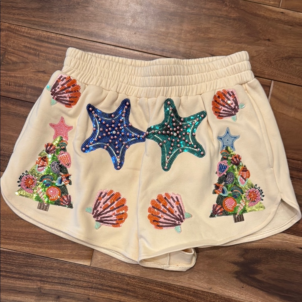 Brand New QUEEN OF SPARKLES Cream Athletic Shorts with Festive Embellishments
